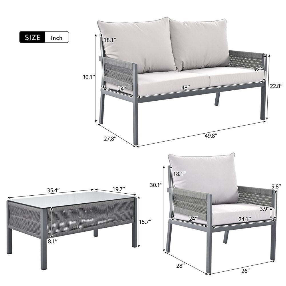 Four Piece Gray Metal Upholstered Cushions Sofa Seating Group With Table