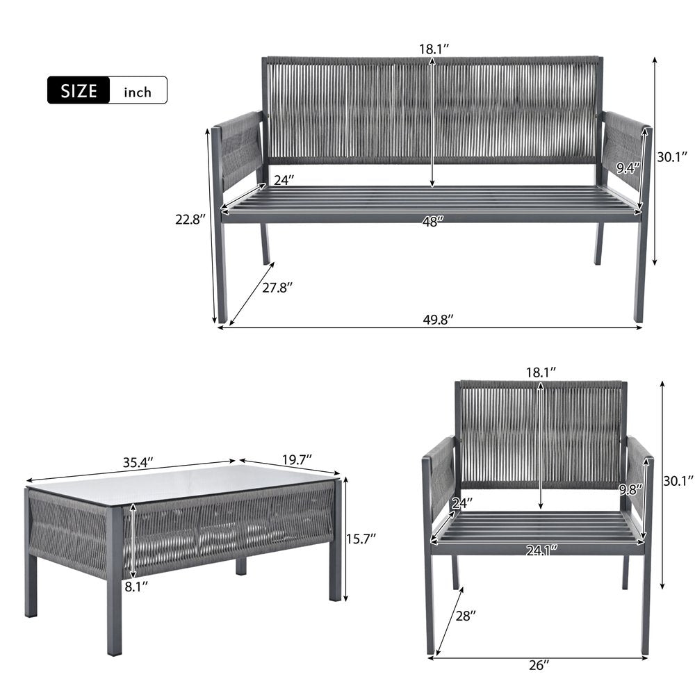 Four Piece Gray Metal Upholstered Cushions Sofa Seating Group With Table