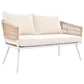 Six Piece White and Beige Metal Upholstered Cushions Sofa Seating Group With Table