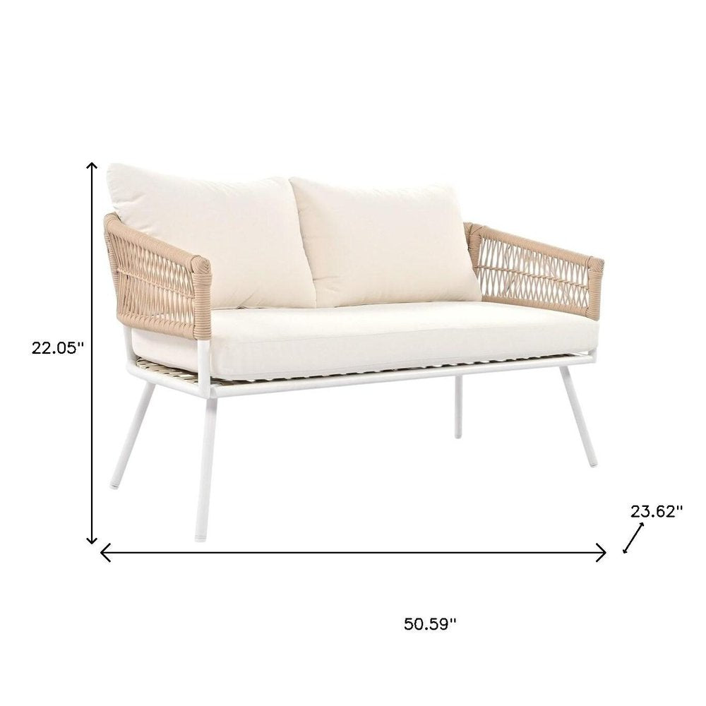 Six Piece White and Beige Metal Upholstered Cushions Sofa Seating Group With Table