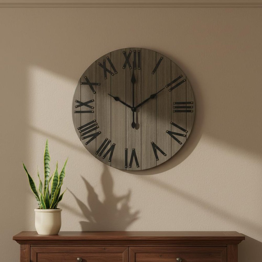 21" Black And Gray Manufactured Wood Silent Analog Round Wall Clock