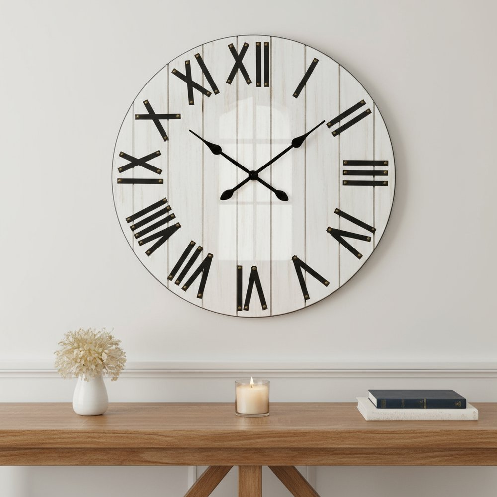 21" Black And White Manufactured Wood Silent Analog Round Wall Clock