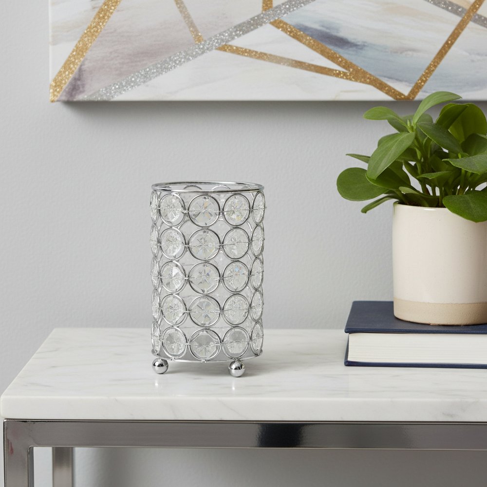 5" Silver And Clear Faux Crystal And Metal Cylinder Table Vase