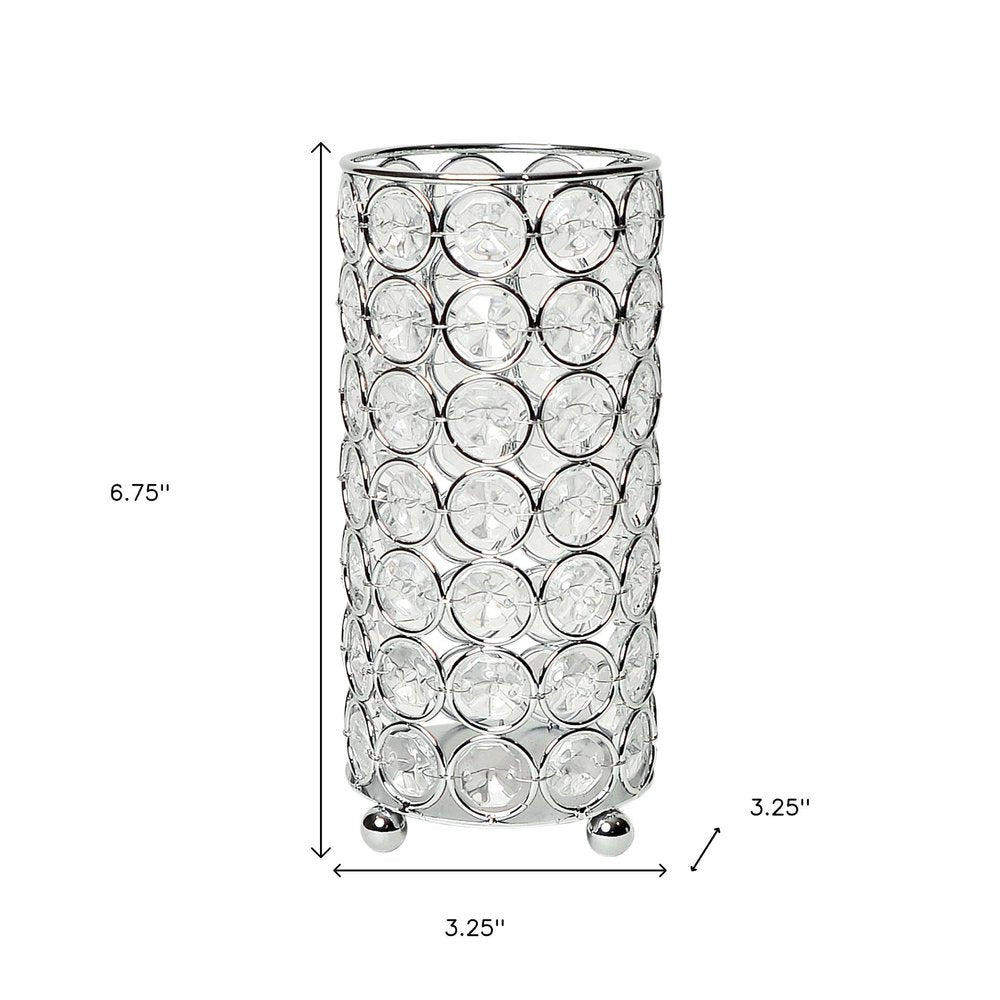 7" Silver And Clear Faux Crystal And Metal Cylinder Table Vase