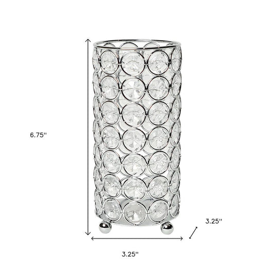 7" Silver And Clear Faux Crystal And Metal Cylinder Table Vase