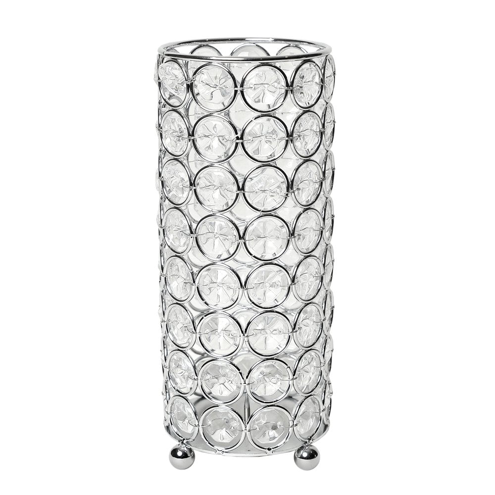 8" Silver And Clear Faux Crystal And Metal Cylinder Table Vase