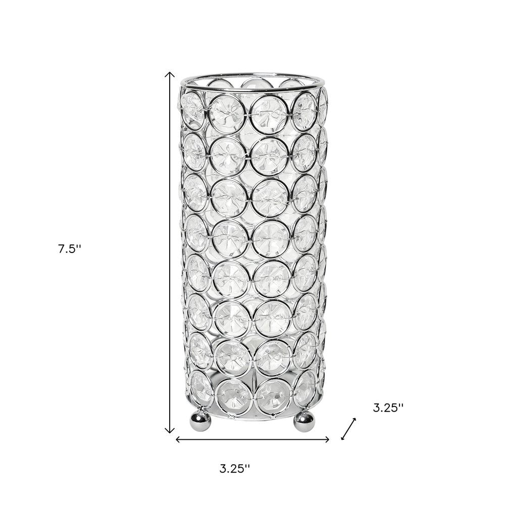 8" Silver And Clear Faux Crystal And Metal Cylinder Table Vase