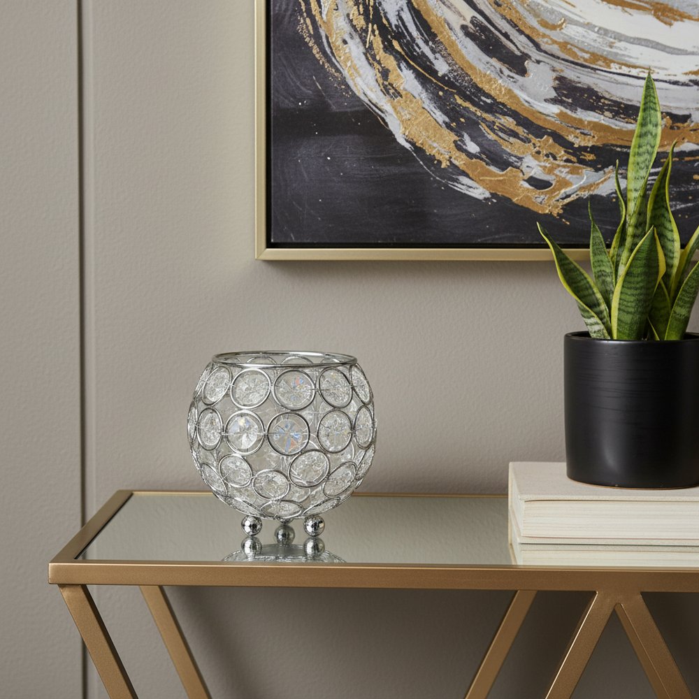 4" Clear And Silver Faux Crystal And Metal Round Table Vase