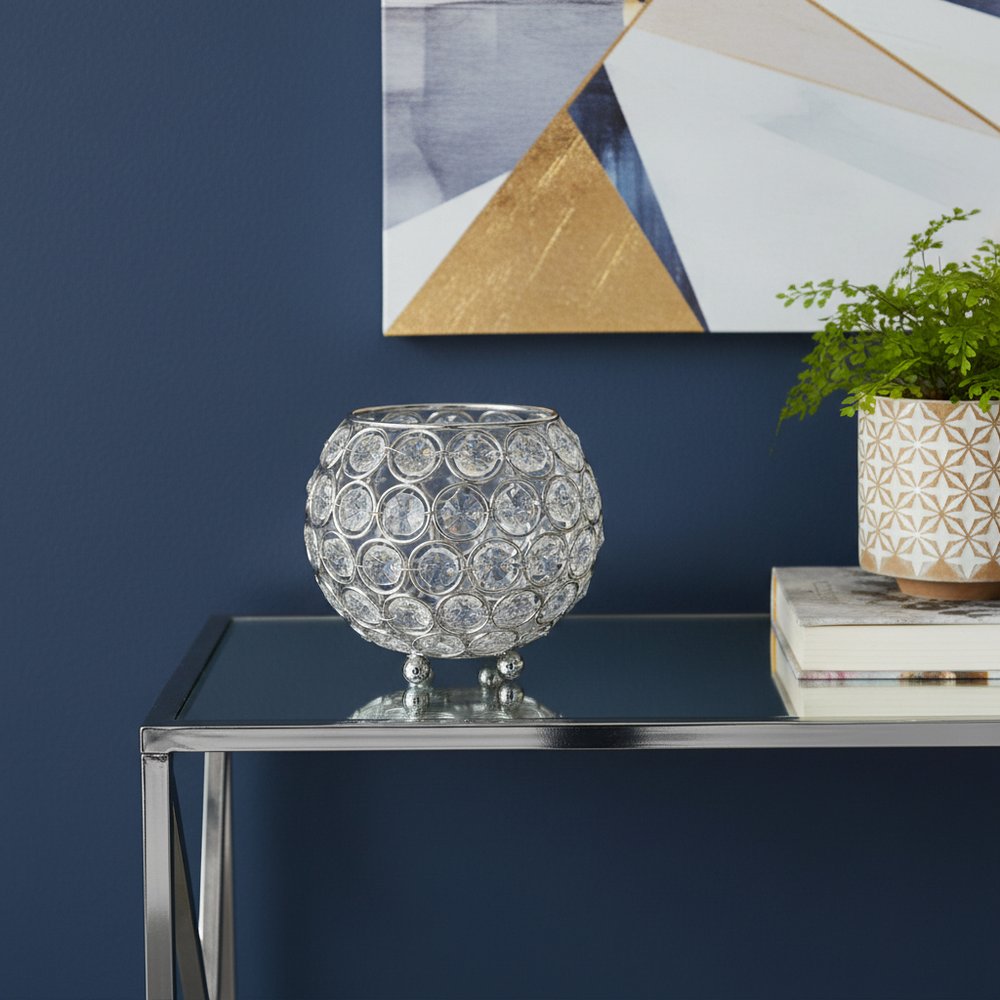 4" Clear And Silver Faux Crystal And Metal Round Table Vase