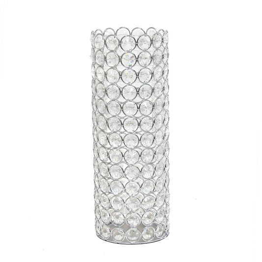11" Silver And Clear Clear Crystal Cylinder Table Vase With Crystals