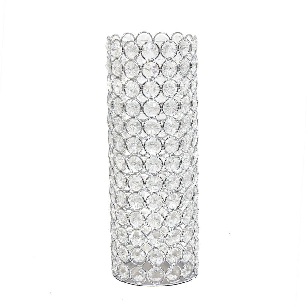 11" Silver And Clear Clear Crystal Cylinder Table Vase With Crystals
