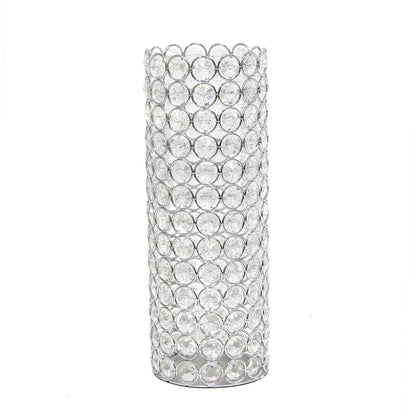 11" Silver And Clear Clear Crystal Cylinder Table Vase With Crystals