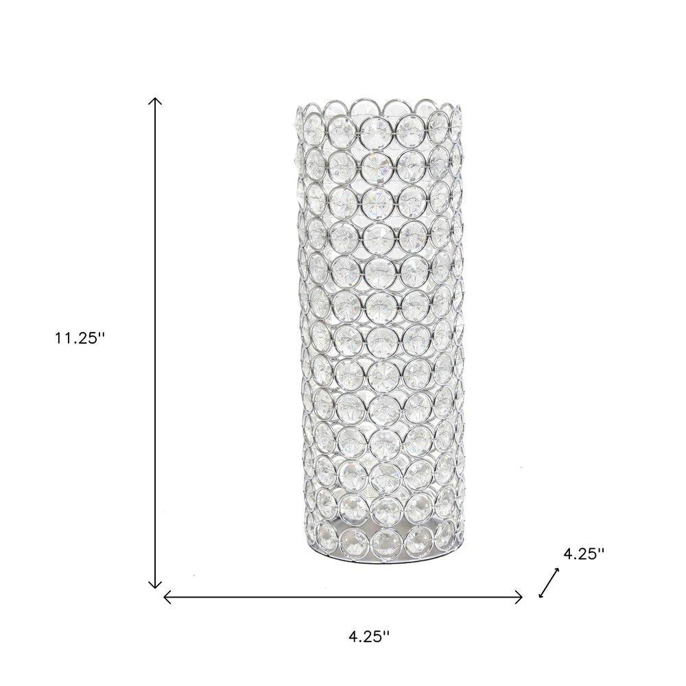11" Silver And Clear Clear Crystal Cylinder Table Vase With Crystals