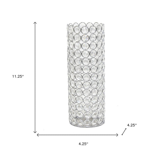 11" Silver And Clear Clear Crystal Cylinder Table Vase With Crystals