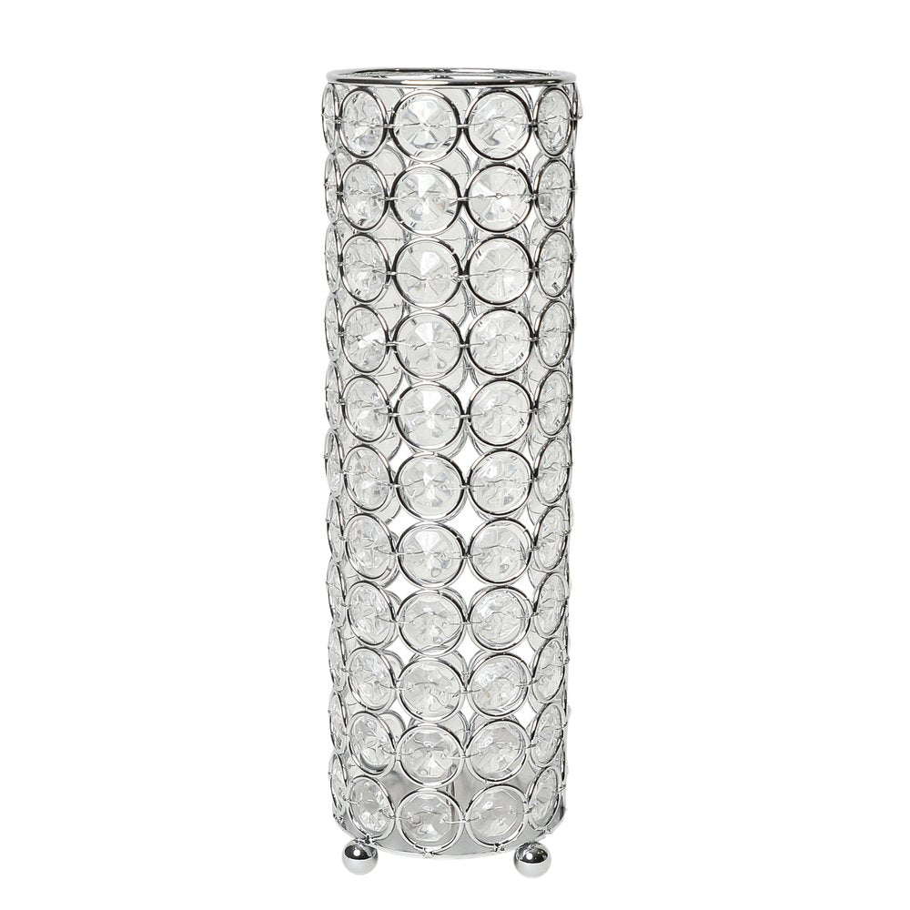 10" Silver And Clear Clear Crystal Cylinder Table Vase With Crystals