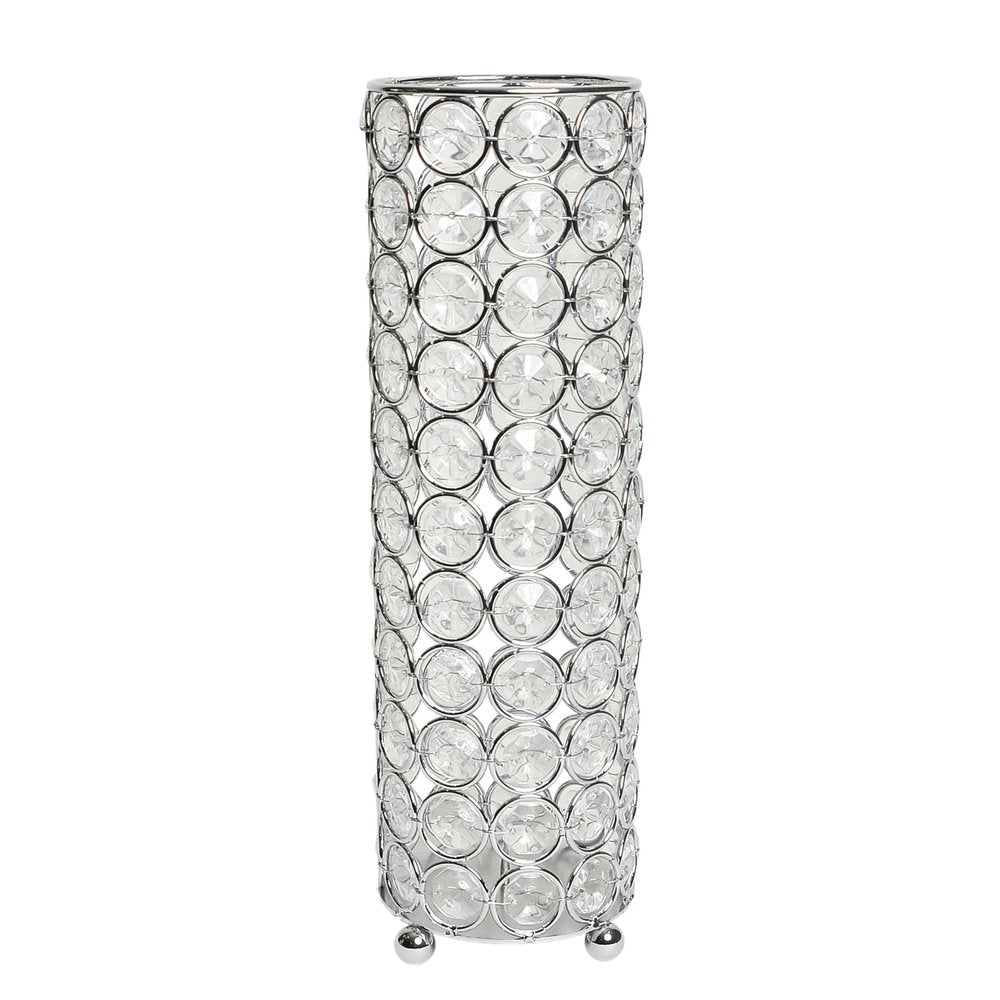 10" Silver And Clear Clear Crystal Cylinder Table Vase With Crystals