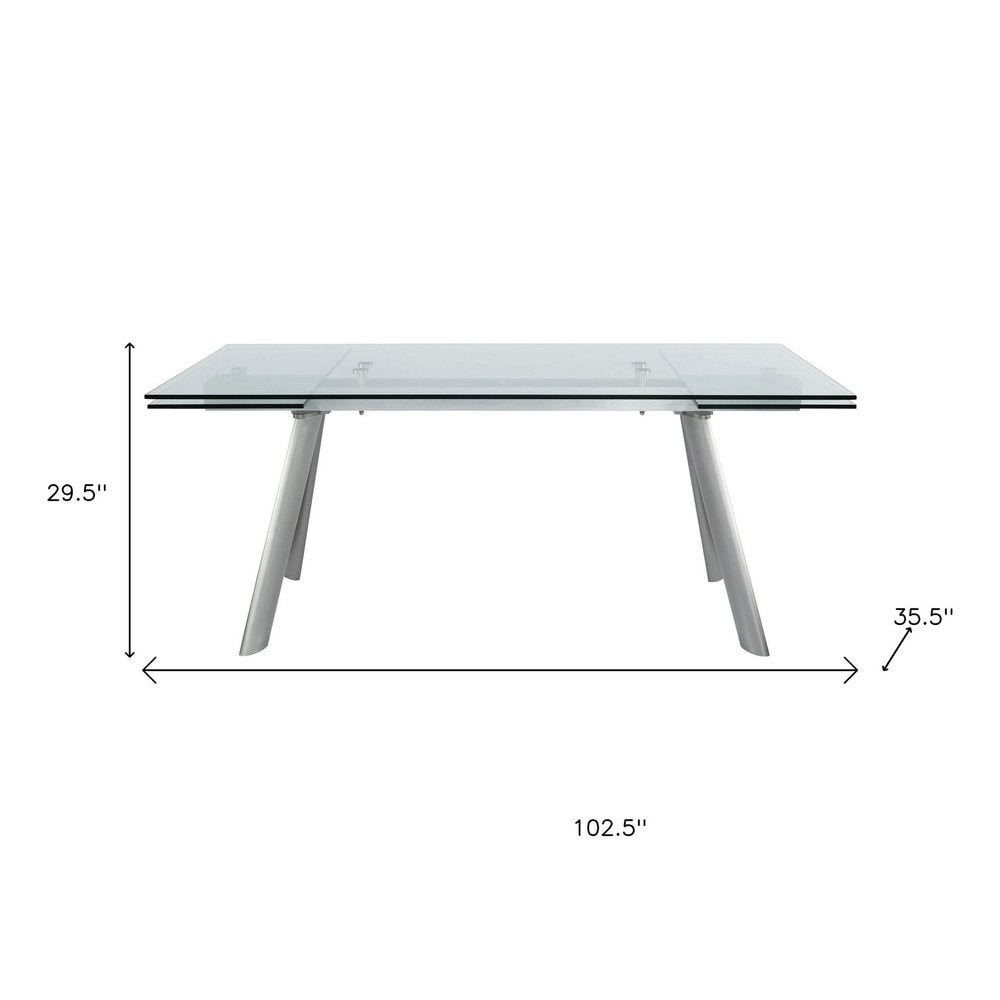 103" Clear and Silver Glass and Steel Extendable Dining Table