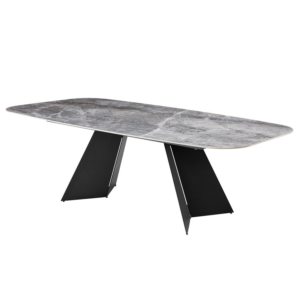 94" Gray and Black Faux Marble Ceramic and Steel Double Pedestal Base Dining Table