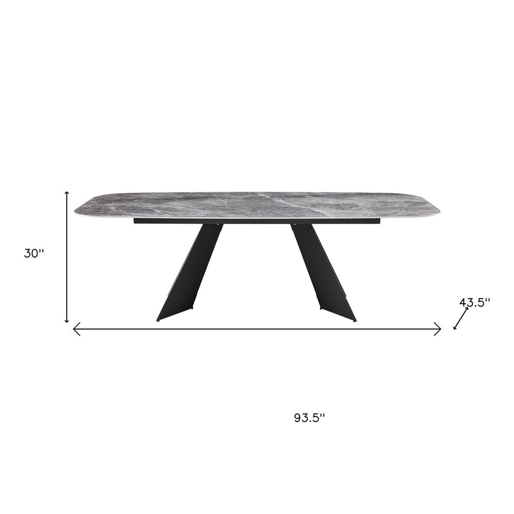 94" Gray and Black Faux Marble Ceramic and Steel Double Pedestal Base Dining Table