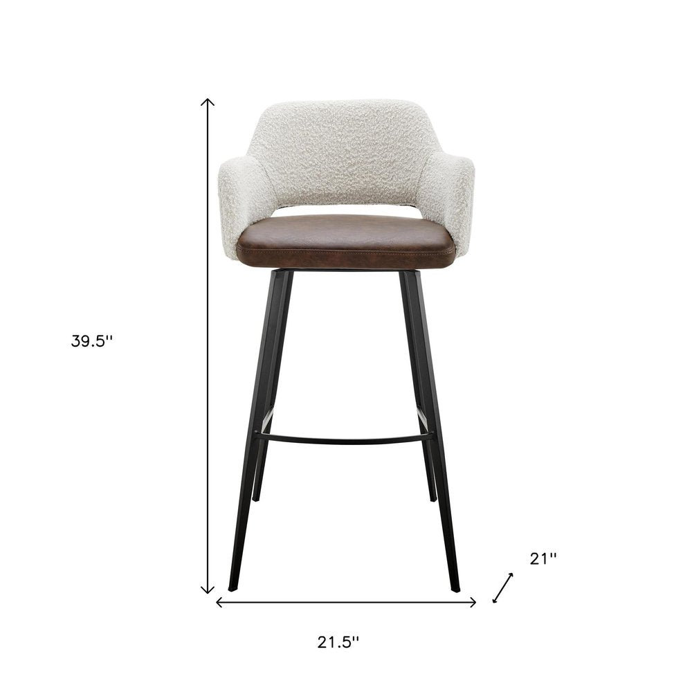 30" Ivory Brown And Black Boucle Faux Leather And Steel Bar Height Swivel Bar Chair