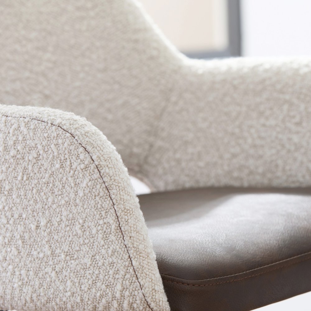 30" Ivory Brown And Black Boucle Faux Leather And Steel Bar Height Swivel Bar Chair