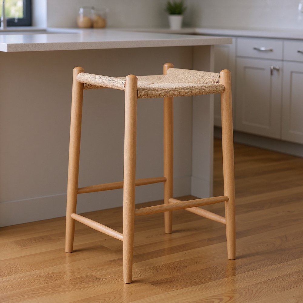 27" Natural Rush and Solid Wood Backless Counter Height Bar Chair