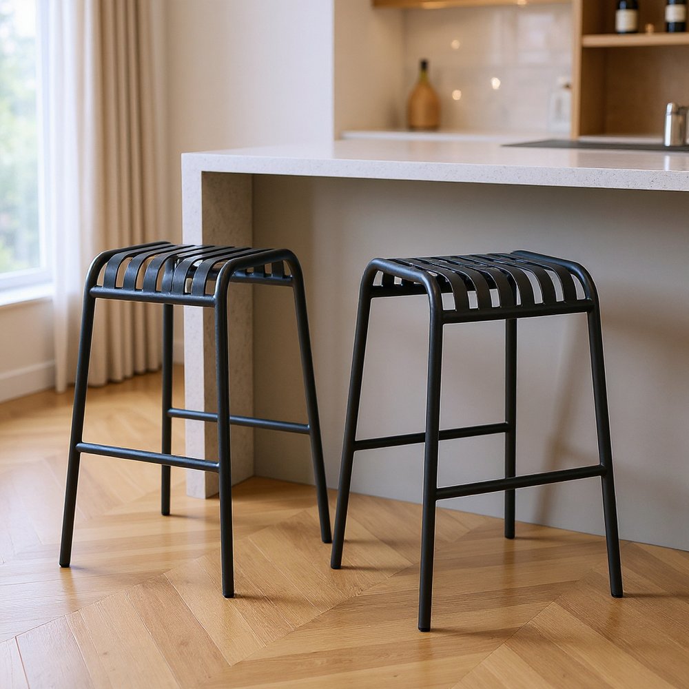 Set of Two 30" Dark Blue Steel Backless Bar Height Bar Chairs