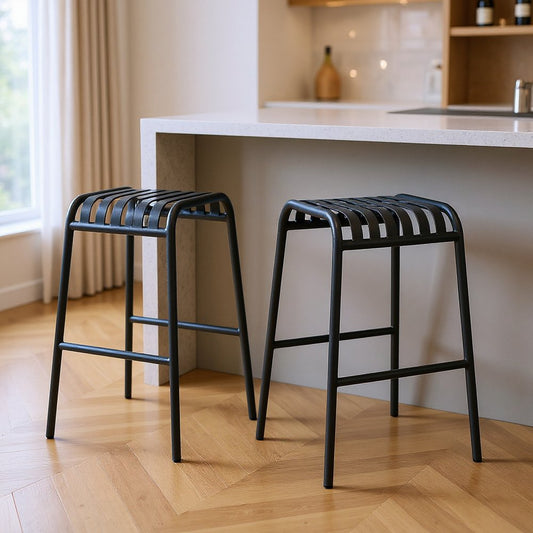 Set of Two 30" Dark Blue Steel Backless Bar Height Bar Chairs