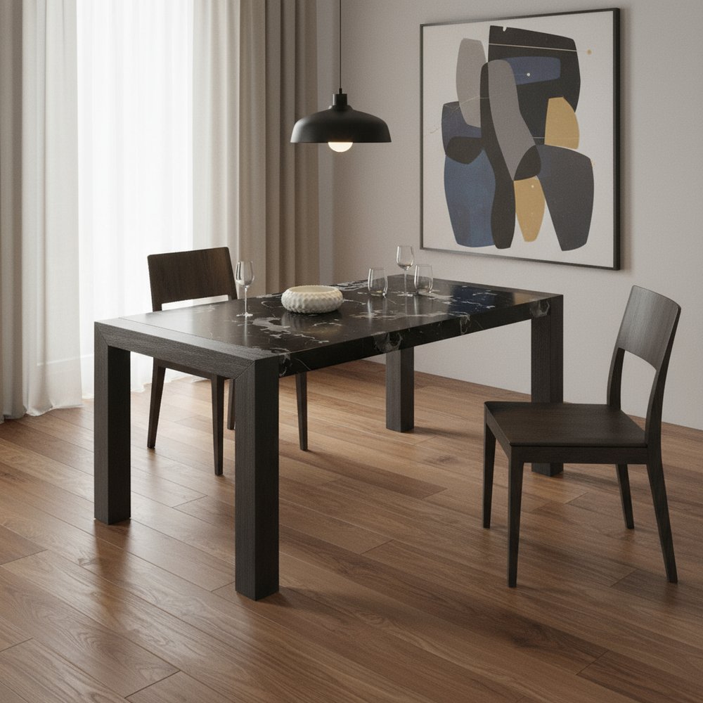 68" Black Faux Marble and Wood Dining Table