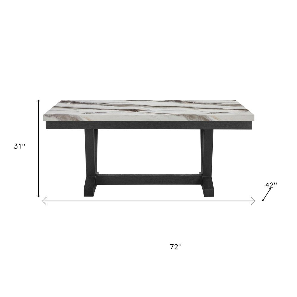 72" White and Black Faux Marble and Wood Trestle Base Dining Table