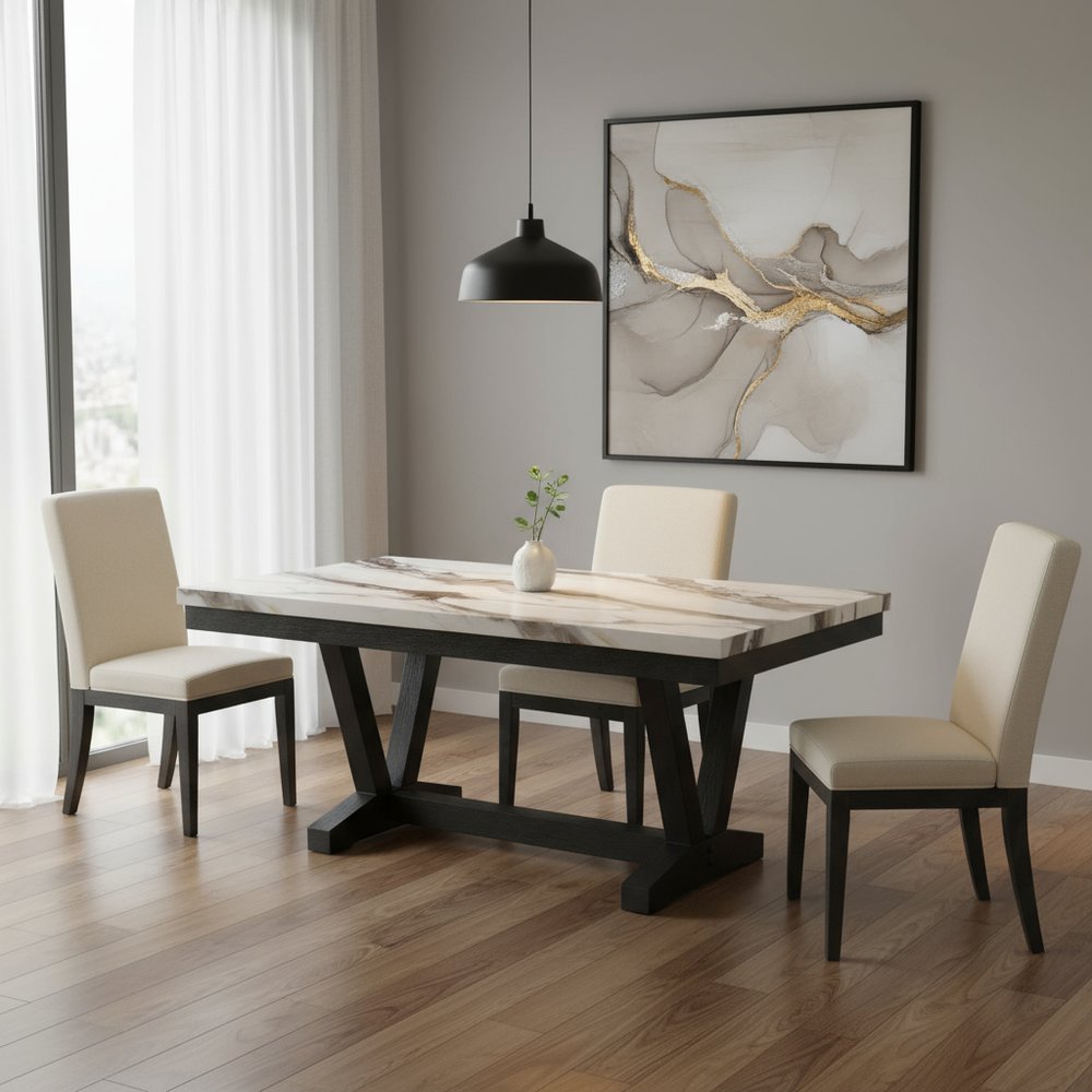 72" White and Black Faux Marble and Wood Trestle Base Dining Table