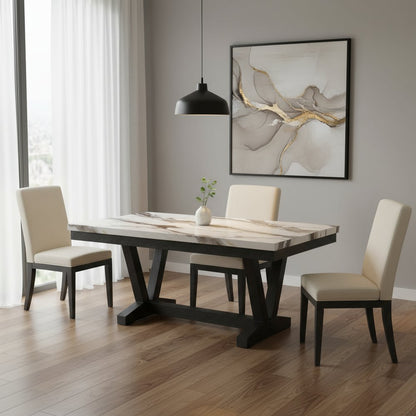 72" White and Black Faux Marble and Wood Trestle Base Dining Table