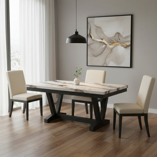 72" White and Black Faux Marble and Wood Trestle Base Dining Table