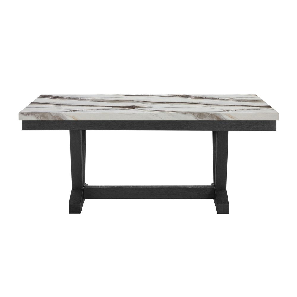 72" White and Black Faux Marble and Wood Trestle Base Dining Table