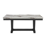 72" White and Black Faux Marble and Wood Trestle Base Dining Table