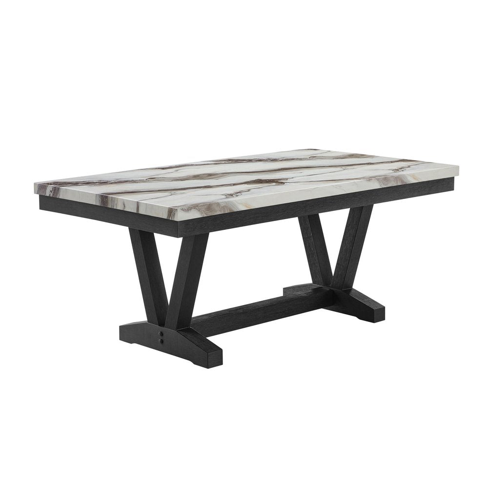 72" White and Black Faux Marble and Wood Trestle Base Dining Table