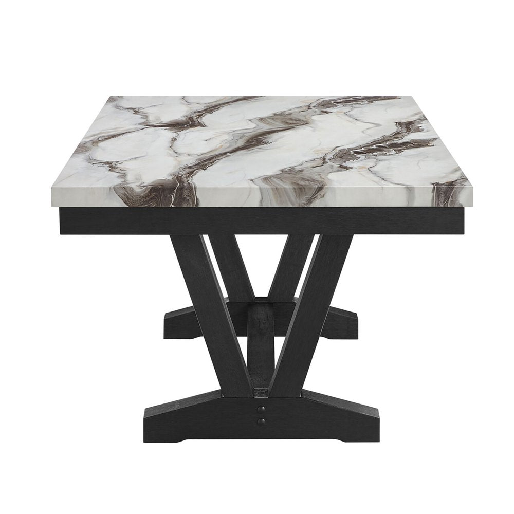 72" White and Black Faux Marble and Wood Trestle Base Dining Table