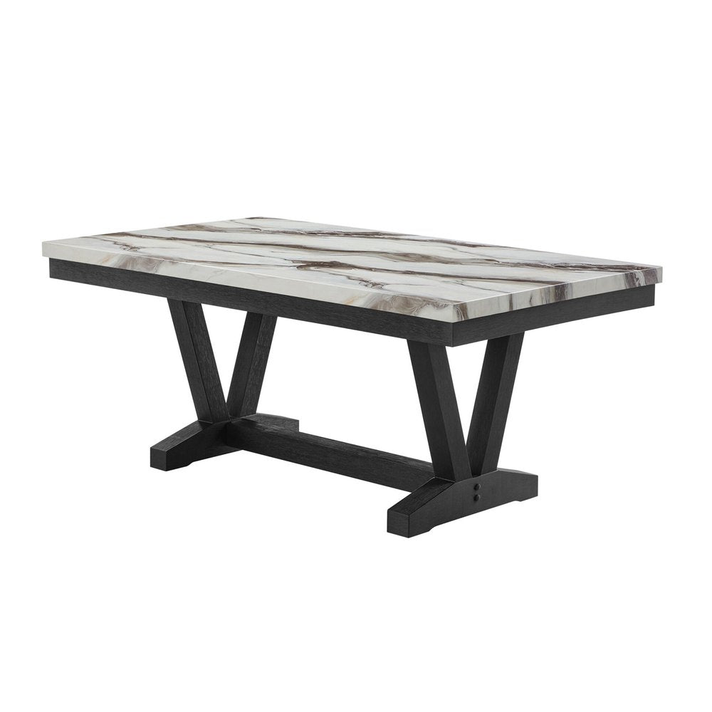72" White and Black Faux Marble and Wood Trestle Base Dining Table