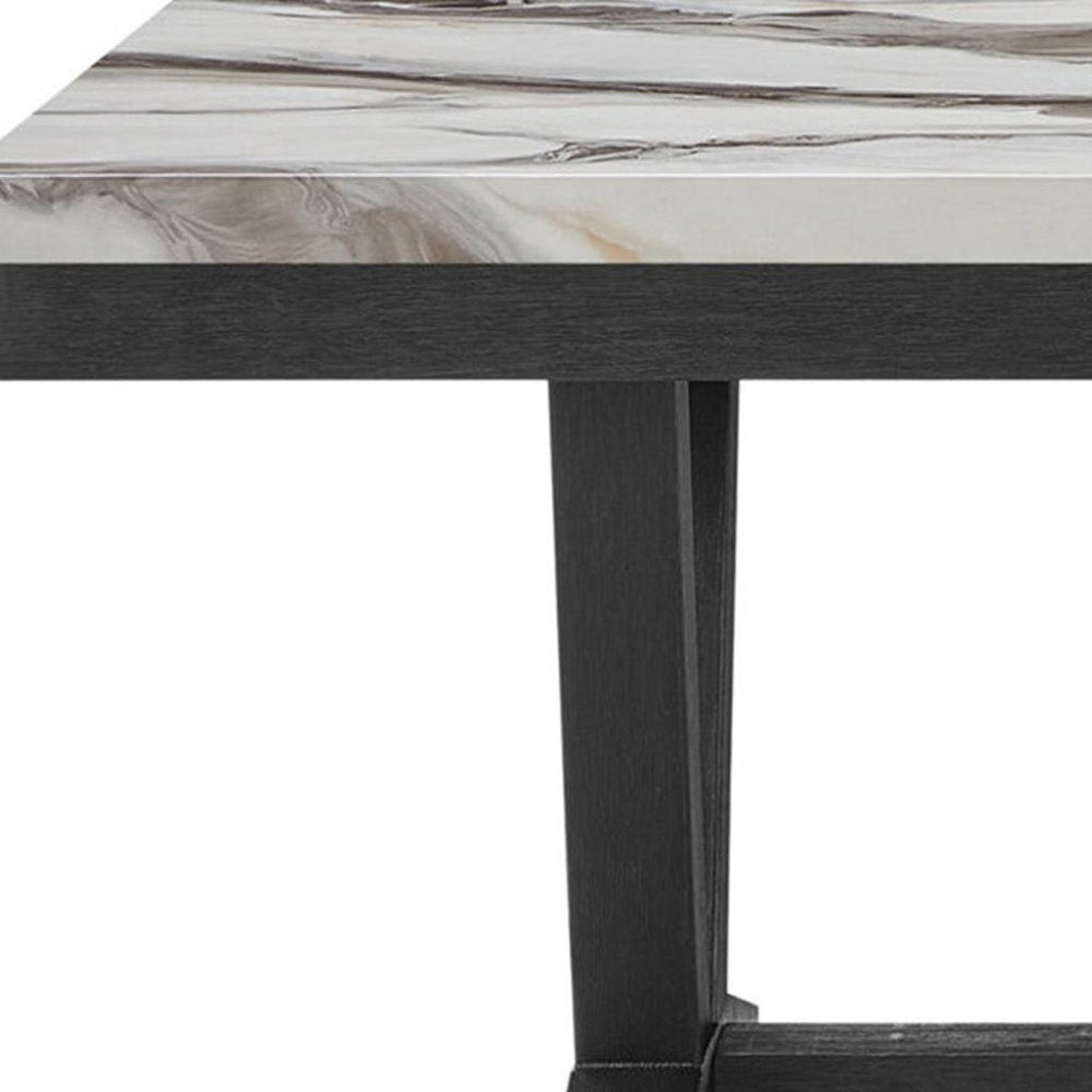 72" White and Black Faux Marble and Wood Trestle Base Dining Table
