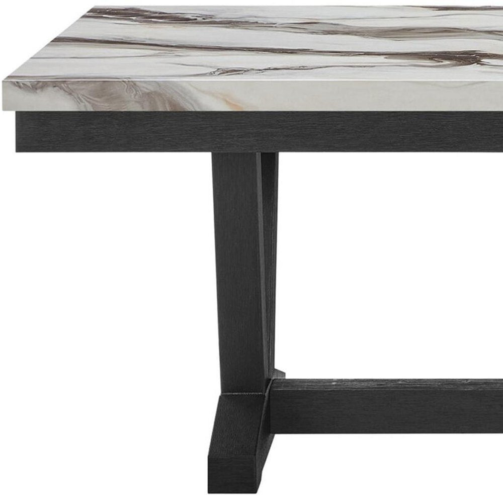72" White and Black Faux Marble and Wood Trestle Base Dining Table