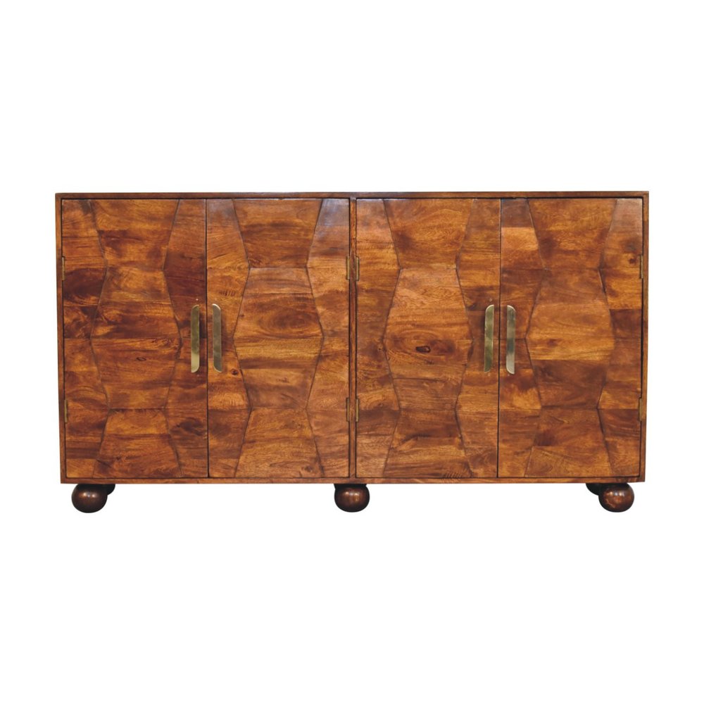 36" Chestnut Solid Wood Carved Geometric Accent Cabinet With Four Doors