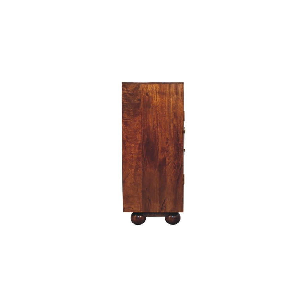 36" Chestnut Solid Wood Carved Geometric Accent Cabinet With Four Doors