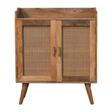 35" Brown Distressed Solid Wood Inlaid Rattan Accent Cabinet With Two Doors