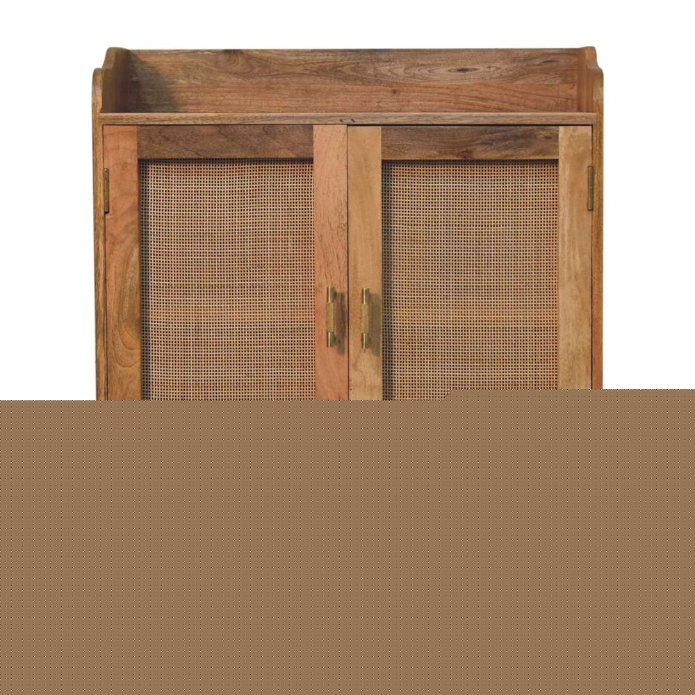 35" Brown Distressed Solid Wood Inlaid Rattan Accent Cabinet With Two Doors