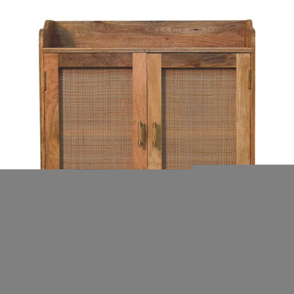 35" Brown Distressed Solid Wood Inlaid Rattan Accent Cabinet With Two Doors