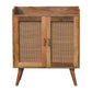 35" Brown Distressed Solid Wood Inlaid Rattan Accent Cabinet With Two Doors