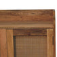 35" Brown Distressed Solid Wood Inlaid Rattan Accent Cabinet With Two Doors
