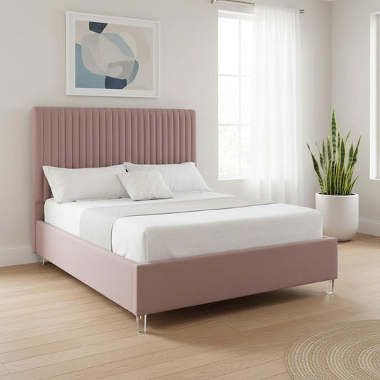 Blush Tufted Velvet Upholstered Queen Bed Frame