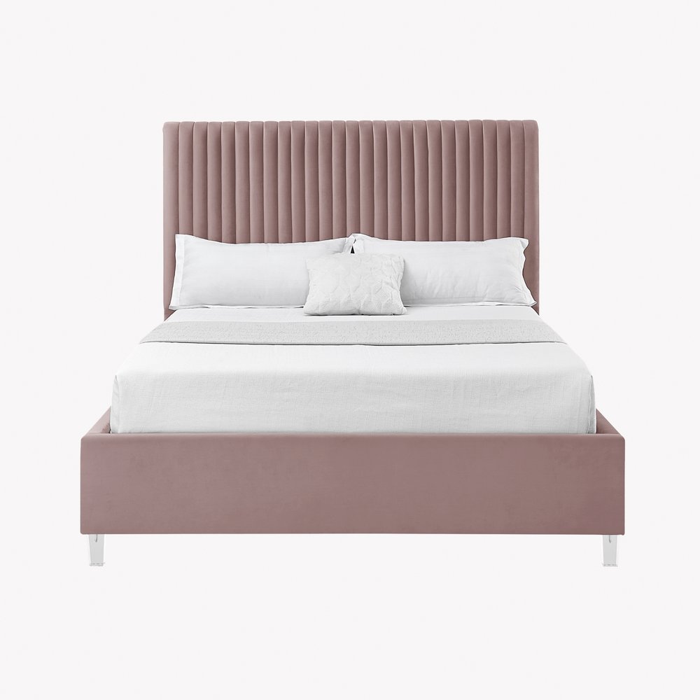 Blush Tufted Velvet Upholstered Queen Bed Frame