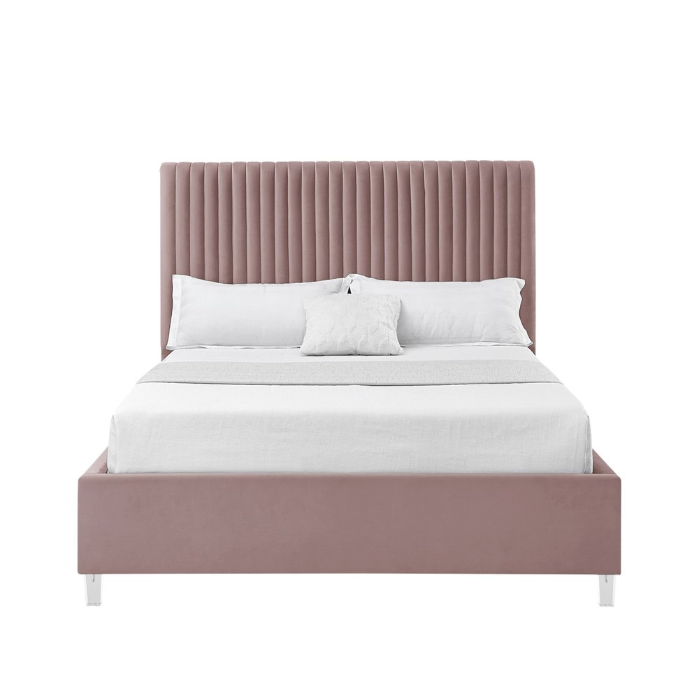 Blush Tufted Velvet Upholstered Queen Bed Frame